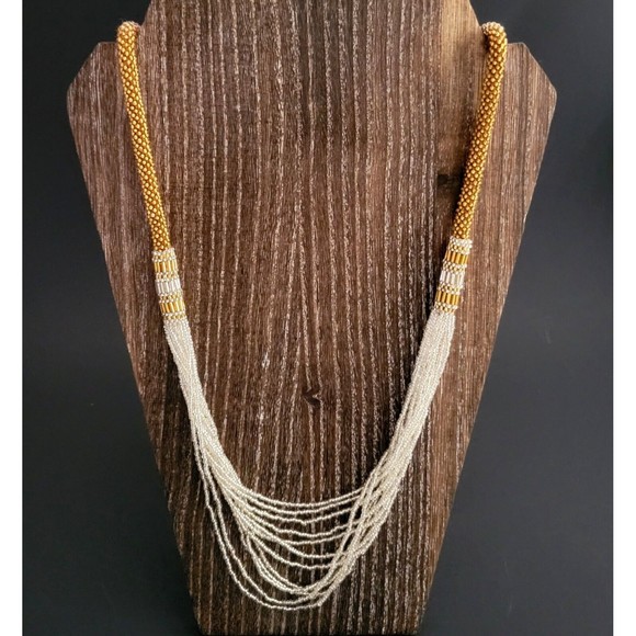 Y2K Himalayan Glass Bead Necklace Multi Strands White/Gold Tone 30" Nepal NWT! - Picture 7 of 9